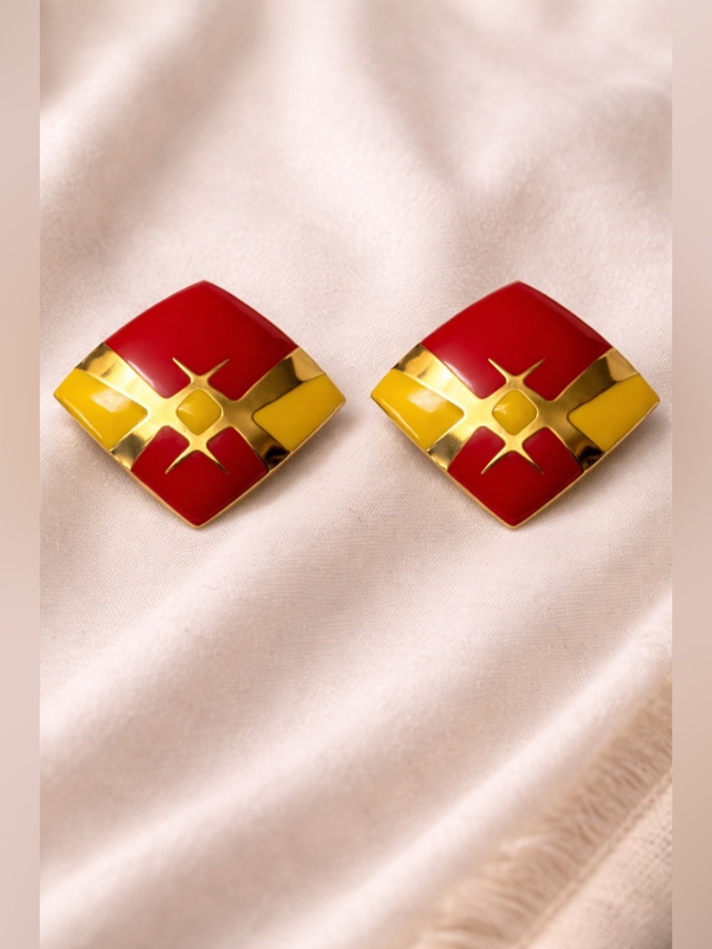 Red Gold Geometric Statement Earrings Vintage Square Retro Costume Jewelry